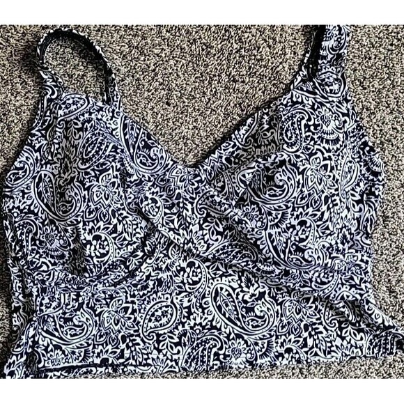 Swim Top Black White 18W V-Neck Wrap Front Midkini Lands End Paisley  S106 - Picture 1 of 7